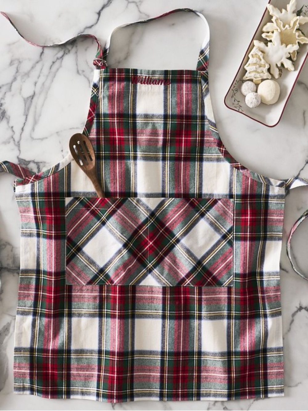 ❤️… Pottery Barn Stewart Plaid Apron in Red, Green and Cream